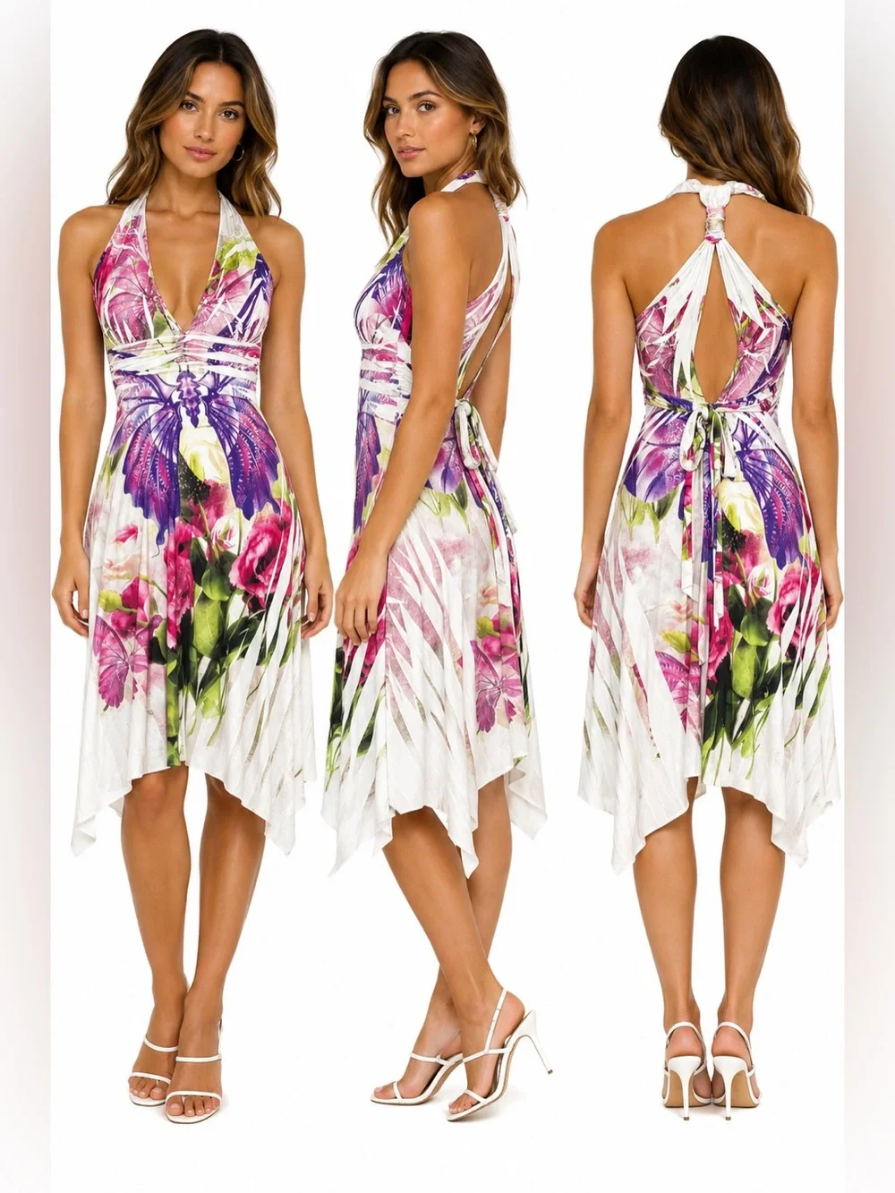 Vintage Y2K Kisses & Hugs Butterfly Floral Halter Handkerchief Dress Size S USA